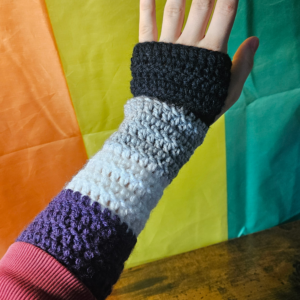 Crochet Asexual Pride fingerless gloves